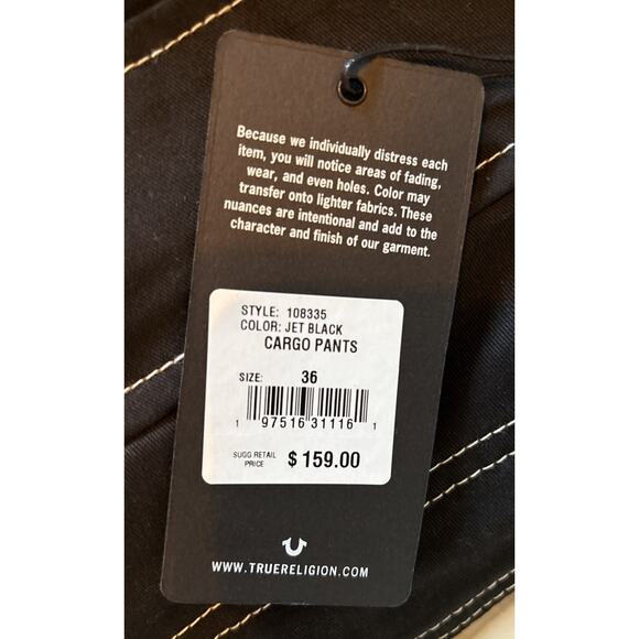 NWT TRUE RELIGION Pants Mens 36 Jet Black Cargo Pants Carpenter Work Wear $159 - Picture 5 of 5